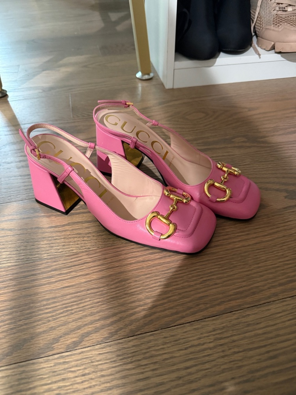 Gucci Pink Leather Horsebit Slingback Block Heel Pumps